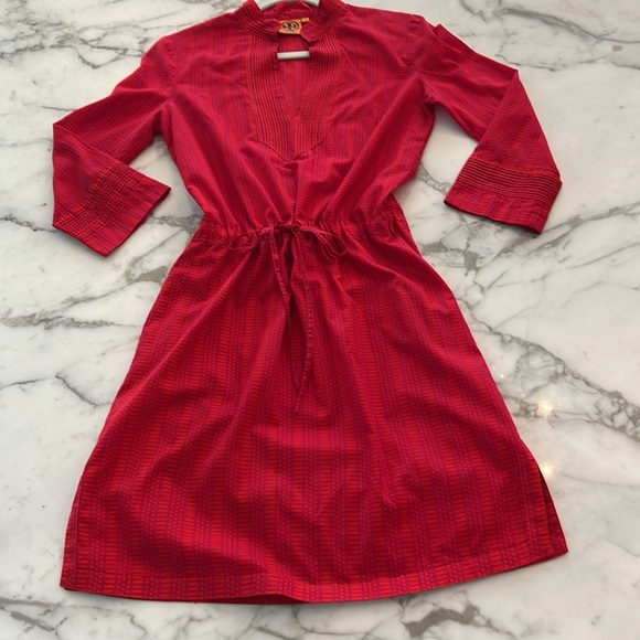 Tory Burch draw string orange pink red dress batik details sz 4 like new - Picture 1 of 9